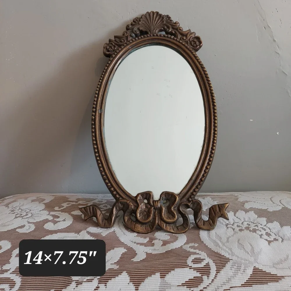 Vintage Ornate Oval Vanity Mirror Bronze Cast Metal Shell Ribbon Bow 14x7.75in